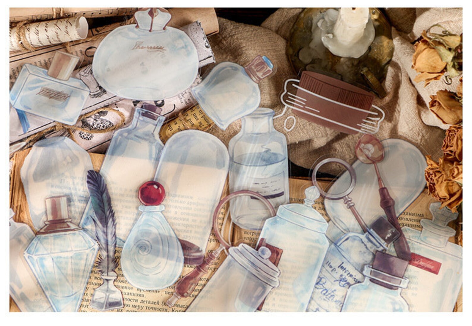 Set of 20pcs mushroom stickers, butterfly stickers, fern stickers, red floral stickers, planet stickers, clear stickers