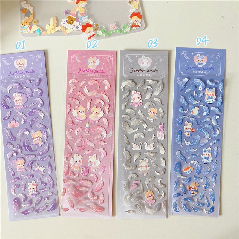 Kawaii bunny deco sticker sheet, feather stickers, card making sticker sheet
