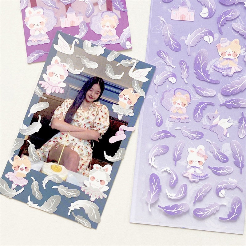 Kawaii bunny deco sticker sheet, feather stickers, card making sticker sheet