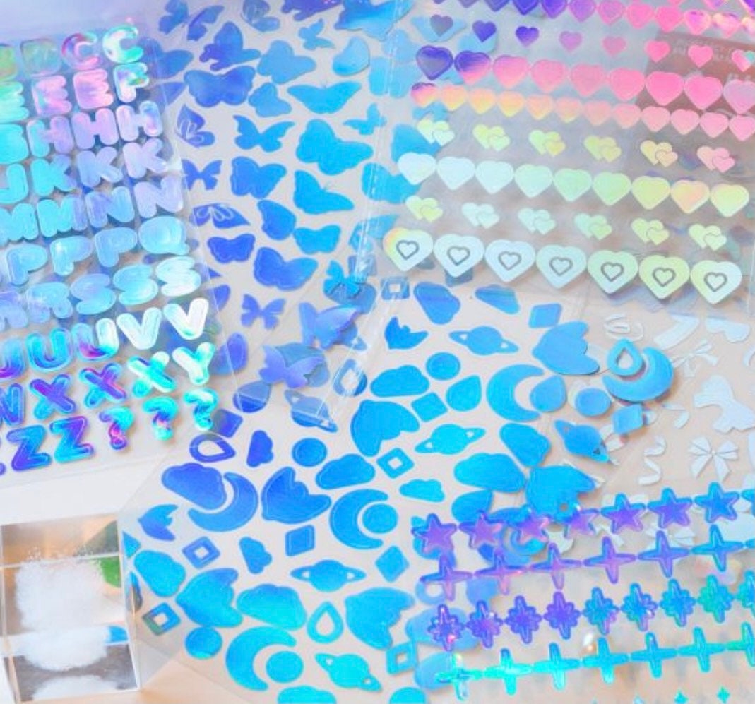 Holographic toploader deco sticker sheet, butterfly ribbon alphabet music note sticker sheet