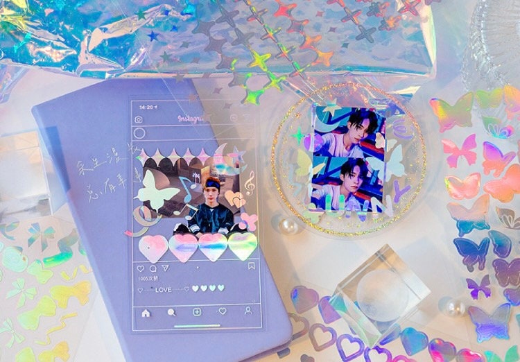 Holographic toploader deco sticker sheet, butterfly ribbon alphabet music note sticker sheet