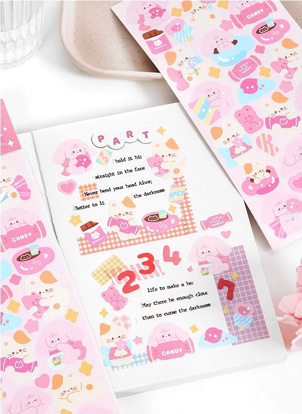 Kawaii bear and bunny sticker sheet, butterfly spaceship deco sticker, scrapbooking, planner sticker