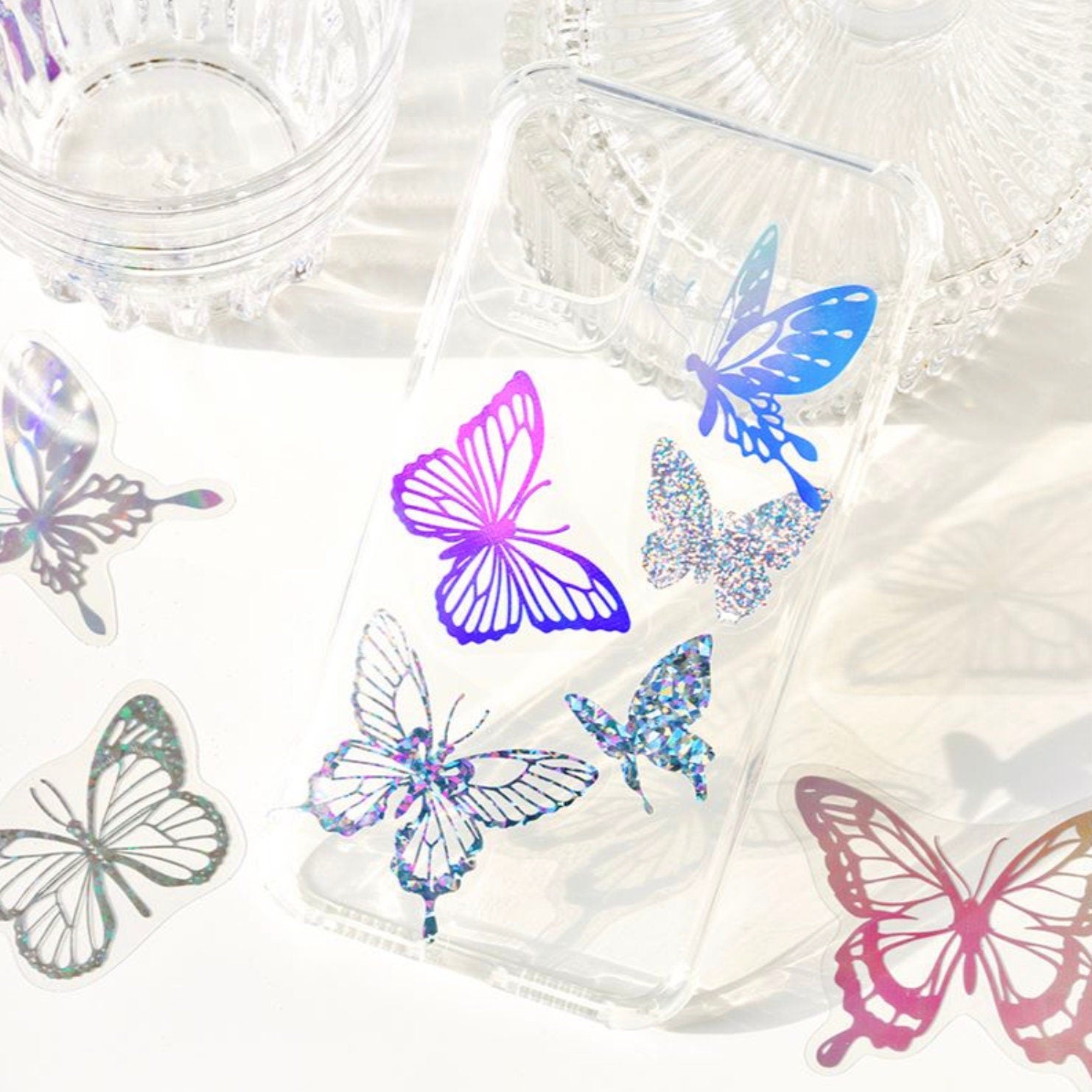 Holographic butterfly scrapbooking sticker pack, floral sticker, ribbon bow stickers