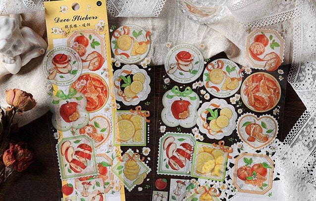 Kawaii cat stickers, PET deco stickers, flower stickers, fruit stickers