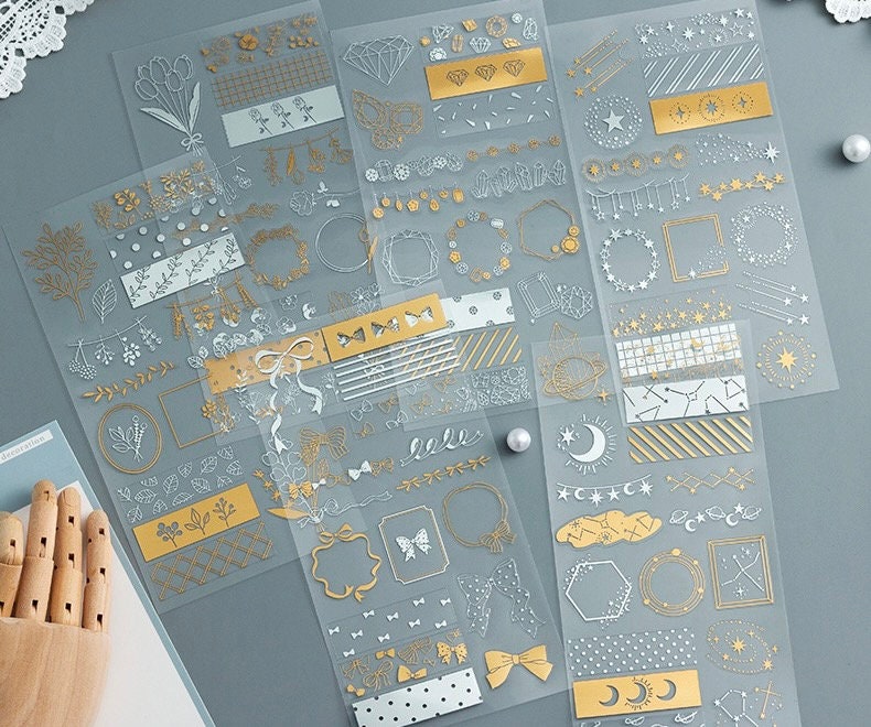 Gold foil flower deco stickers, star and moon deco stickers, diamond sticker, frame stickers