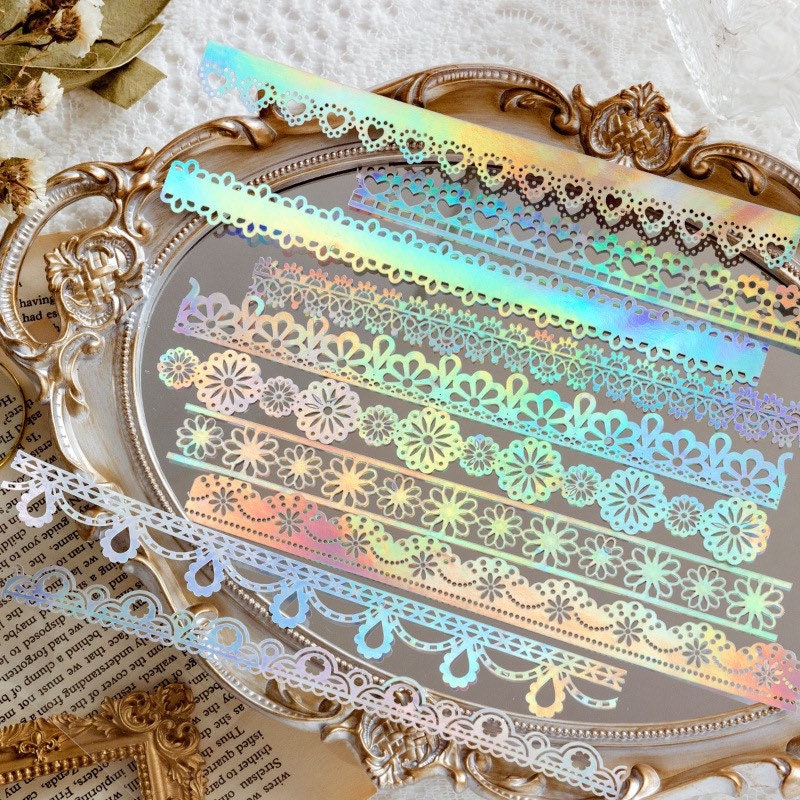 Holographic lace border paper, lace frame scrapbooking paper supply, non-sticky deco paper
