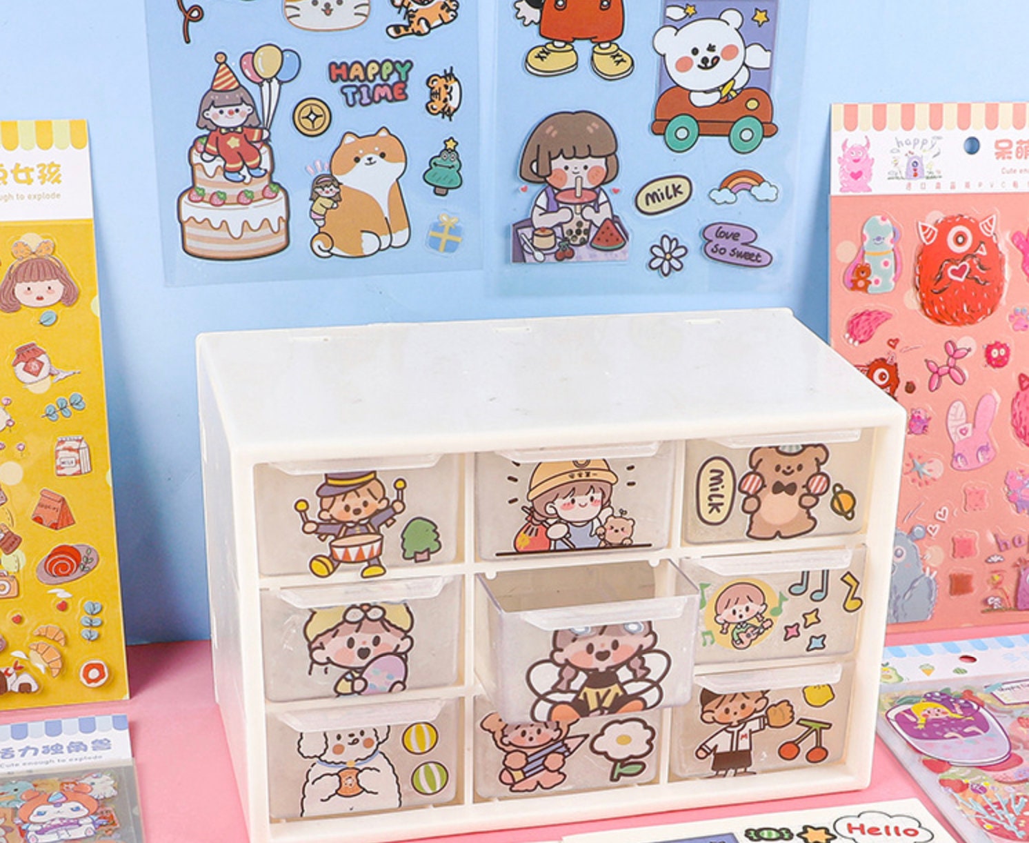 Kawaii girl sticker sheet, PET deco sticker sheet, food band beverage sticker sheet
